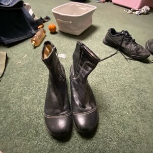John Fluevog Black Leather Combat Boots with Tan Stitching